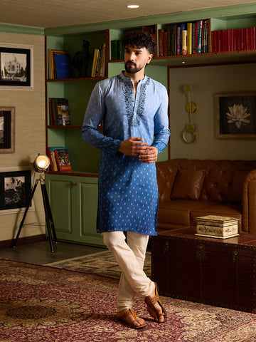 Men's Powder Blue Embroidered Kurta & Pant Set
