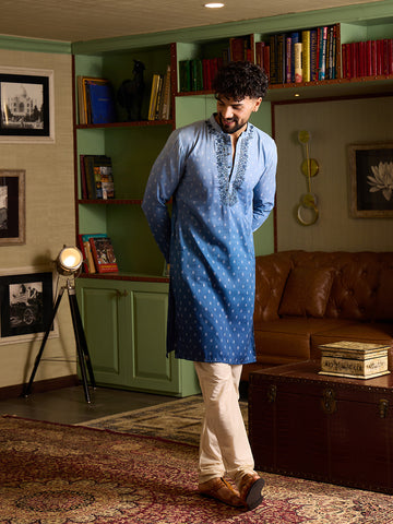 Men's Powder Blue Embroidered Kurta & Pant Set