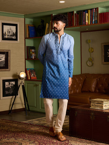 Men's Powder Blue Embroidered Kurta & Pant Set