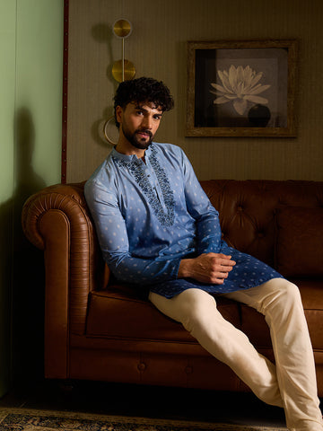 Men's Powder Blue Embroidered Kurta & Pant Set
