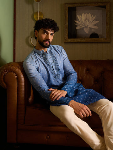 Men's Powder Blue Embroidered Kurta & Pant Set