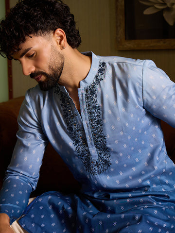 Men's Powder Blue Embroidered Kurta & Pant Set