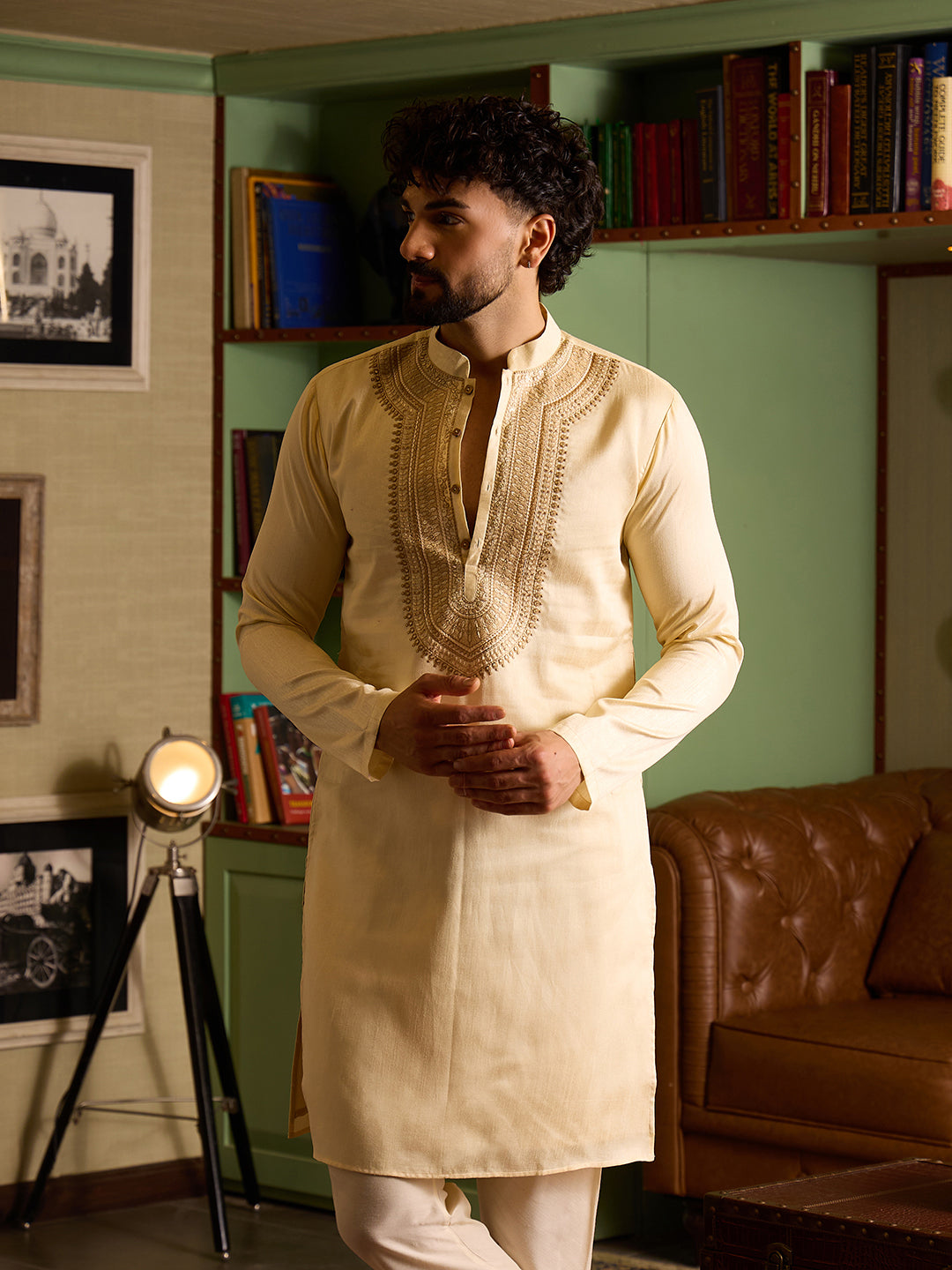 Chhaap Cream Zari Sequence Thread Embroidered Kurta Set