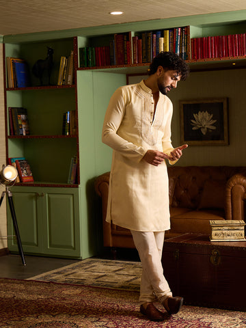 Chhaap Cream Zari Sequence Thread Embroidered Kurta Set