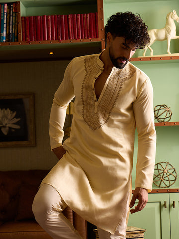 Chhaap Cream Zari Sequence Thread Embroidered Kurta Set