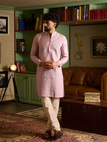 Chhaap Pink Embroidered Mens Kurta Set