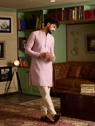 Chhaap Pink Embroidered Mens Kurta Set