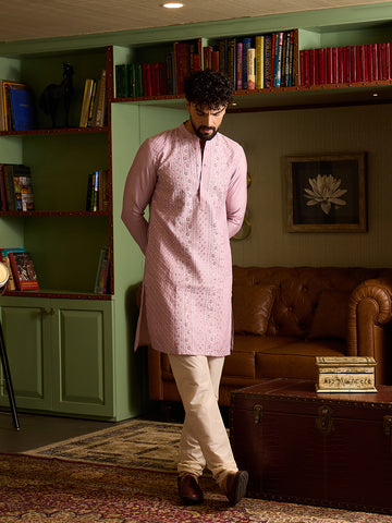 Chhaap Pink Embroidered Mens Kurta Set
