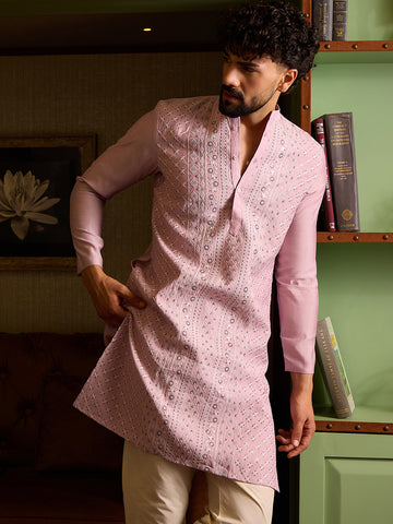 Chhaap Pink Embroidered Mens Kurta Set