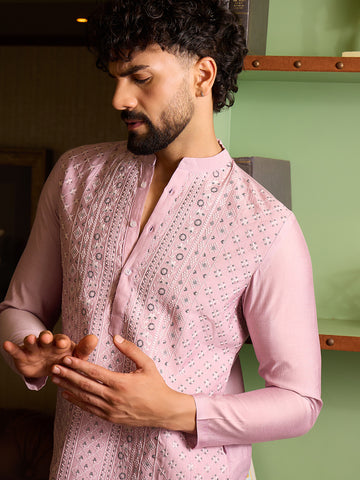Chhaap Pink Embroidered Mens Kurta Set