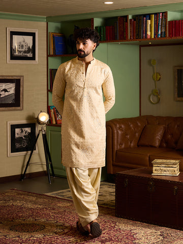 Men's Beige Embroidered Kurta & Patiala Salwar Set
