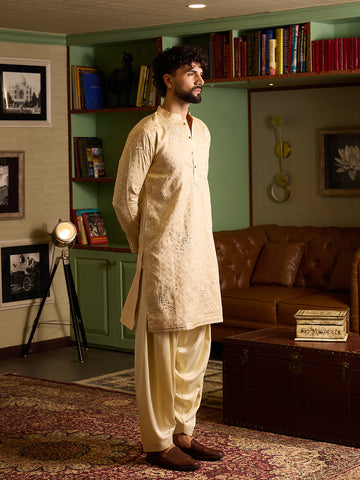 Men's Beige Embroidered Kurta & Patiala Salwar Set