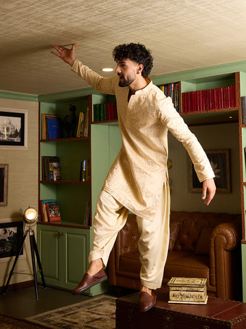 Men's Beige Embroidered Kurta & Patiala Salwar Set