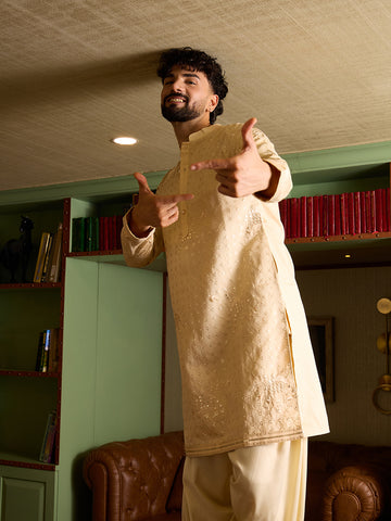 Men's Beige Embroidered Kurta & Patiala Salwar Set