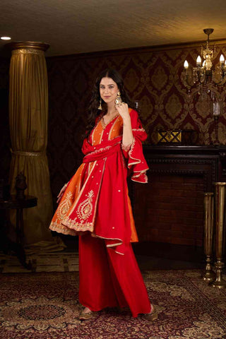 Elegant Red and Orange Embroidered Kurti, Paijama & Dupatta Set