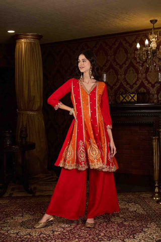 Elegant Red and Orange Embroidered Kurti, Paijama & Dupatta Set