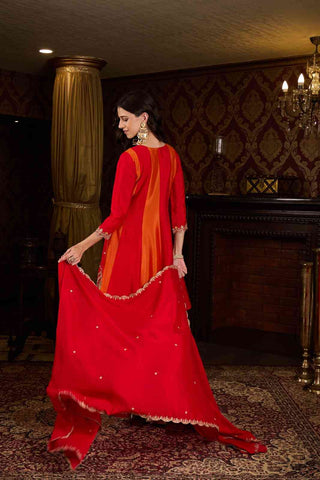 Elegant Red and Orange Embroidered Kurti, Paijama & Dupatta Set