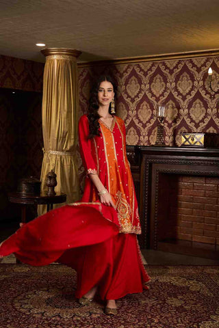 Elegant Red and Orange Embroidered Kurti, Paijama & Dupatta Set