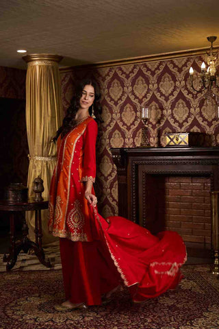 Elegant Red and Orange Embroidered Kurti, Paijama & Dupatta Set