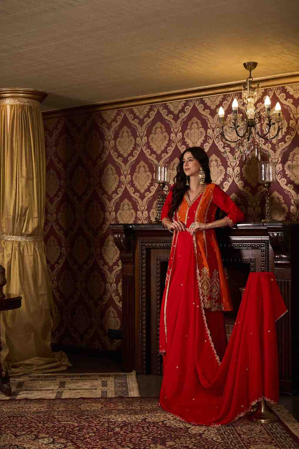 Elegant Red and Orange Embroidered Kurti, Paijama & Dupatta Set