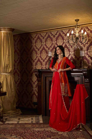 Elegant Red and Orange Embroidered Kurti, Paijama & Dupatta Set