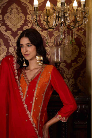 Elegant Red and Orange Embroidered Kurti, Paijama & Dupatta Set