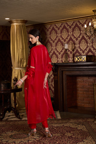 Red Embroidered Kaftan Top and Trouser Set
