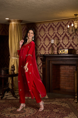 Red Embroidered Kaftan Top and Trouser Set