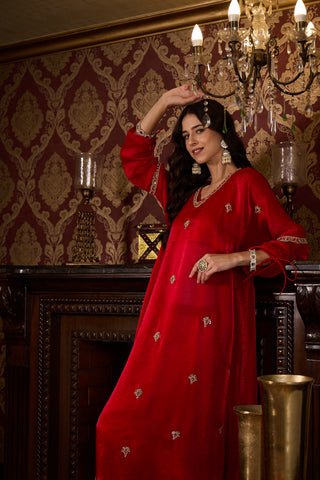Red Embroidered Kaftan Top and Trouser Set