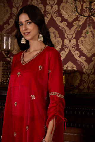 Red Embroidered Kaftan Top and Trouser Set