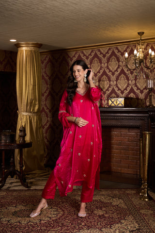 Pink Embroidered Kaftan Top and Trouser Set