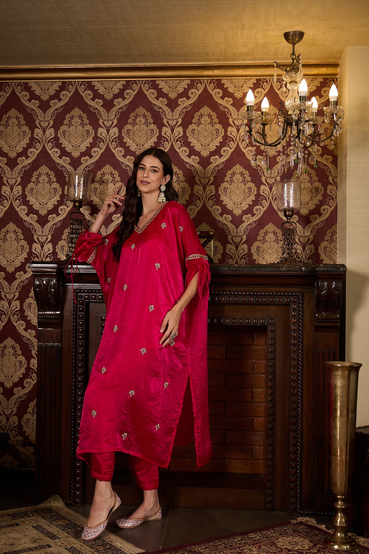 Pink Embroidered Kaftan Top and Trouser Set