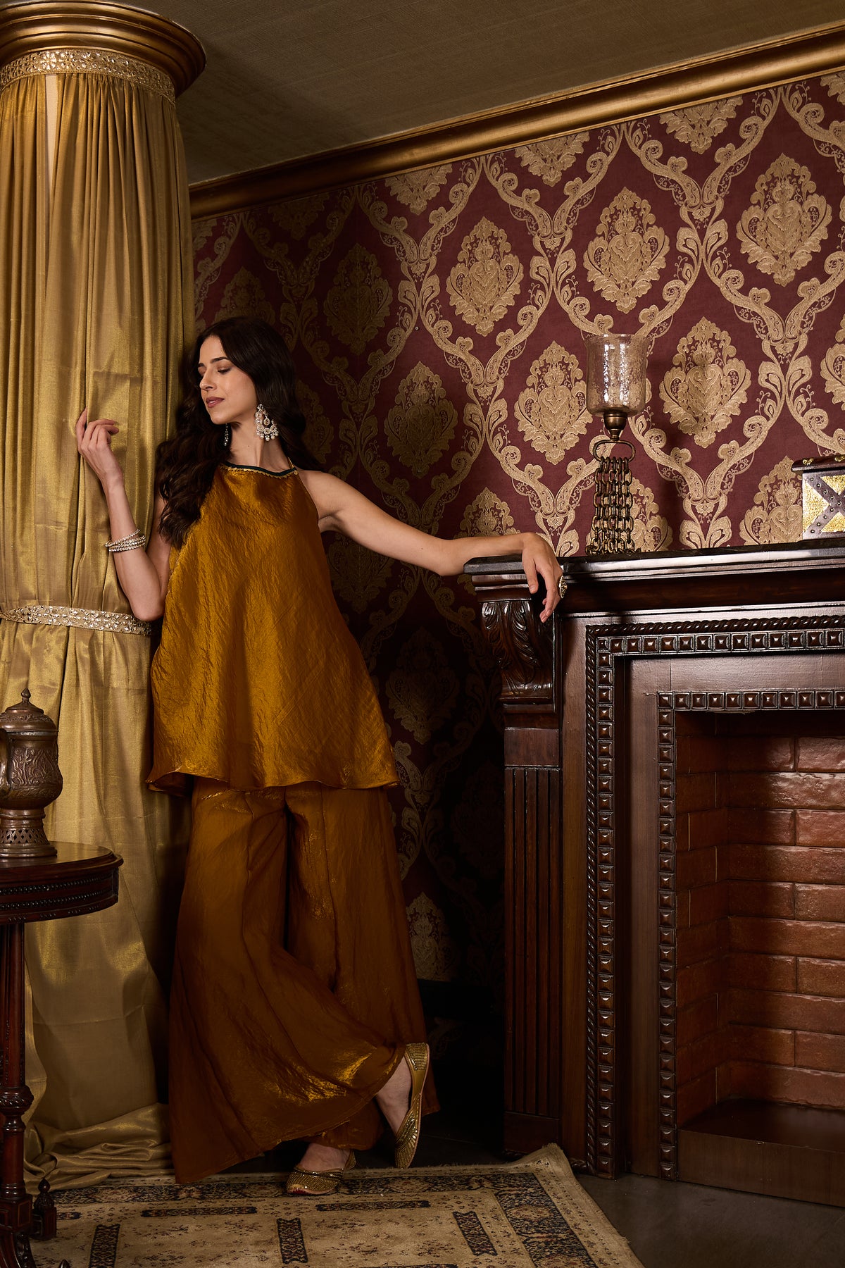 Metallic Bronze Gold Halter Neck Top and Palazzo Set