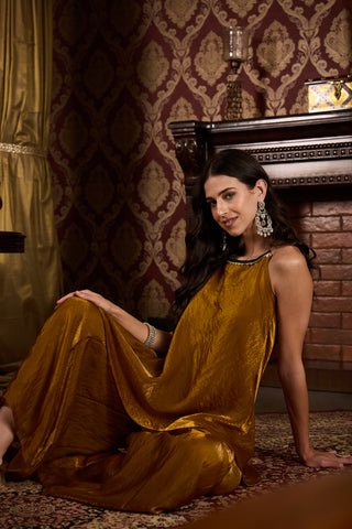Metallic Bronze Gold Halter Neck Top and Palazzo Set