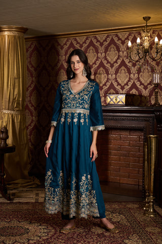 Deep Teal Embroidered Anarkali Suit Set with Dupatta