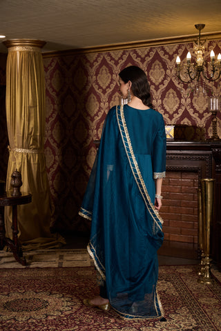 Deep Teal Embroidered Anarkali Suit Set with Dupatta