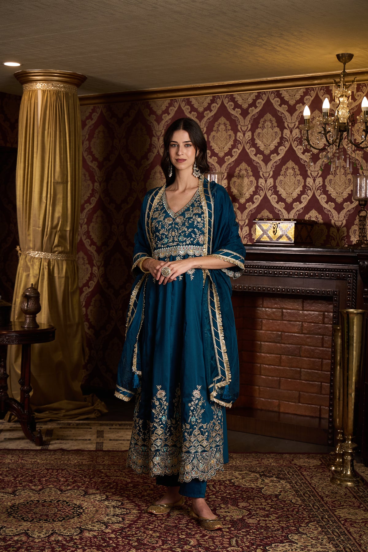 Deep Teal Embroidered Anarkali Suit Set with Dupatta