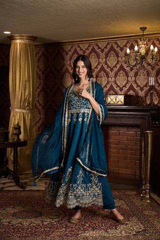 Deep Teal Embroidered Anarkali Suit Set with Dupatta