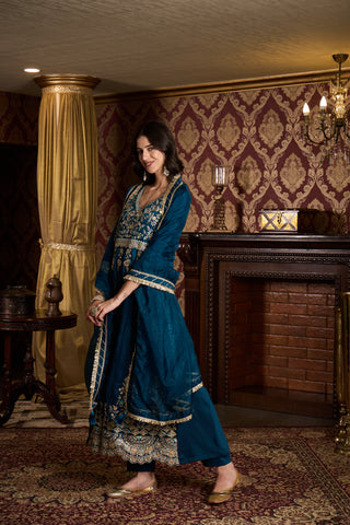 Deep Teal Embroidered Anarkali Suit Set with Dupatta