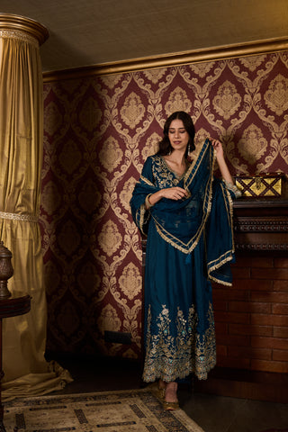 Deep Teal Embroidered Anarkali Suit Set with Dupatta