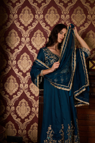 Deep Teal Embroidered Anarkali Suit Set with Dupatta