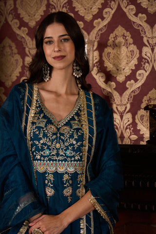 Deep Teal Embroidered Anarkali Suit Set with Dupatta