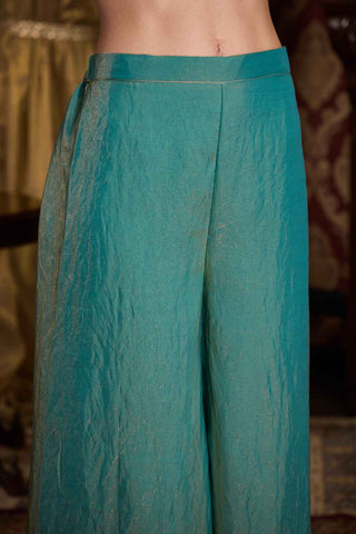 Elegant Sea Green & Gold Metallic Asymmetric Kurti with Wide-Leg Paijama Set
