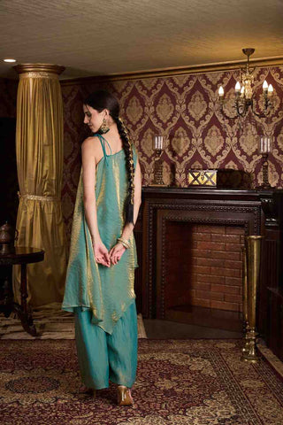Elegant Sea Green & Gold Metallic Asymmetric Kurti with Wide-Leg Paijama Set