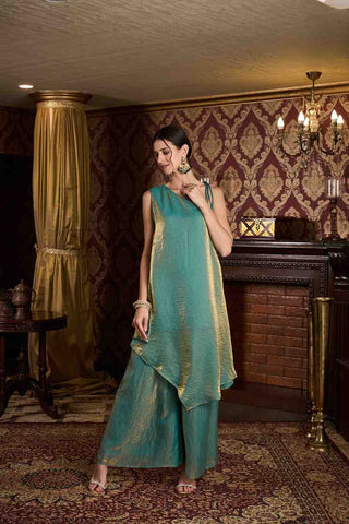 Elegant Sea Green & Gold Metallic Asymmetric Kurti with Wide-Leg Paijama Set