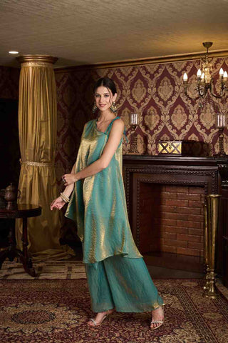 Elegant Sea Green & Gold Metallic Asymmetric Kurti with Wide-Leg Paijama Set