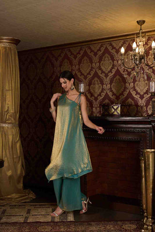 Elegant Sea Green & Gold Metallic Asymmetric Kurti with Wide-Leg Paijama Set