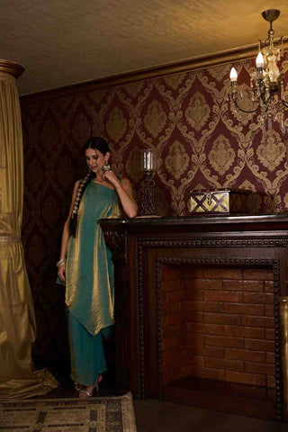 Elegant Sea Green & Gold Metallic Asymmetric Kurti with Wide-Leg Paijama Set