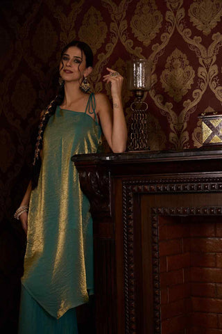 Elegant Sea Green & Gold Metallic Asymmetric Kurti with Wide-Leg Paijama Set