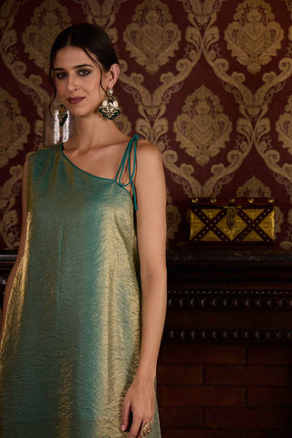 Elegant Sea Green & Gold Metallic Asymmetric Kurti with Wide-Leg Paijama Set